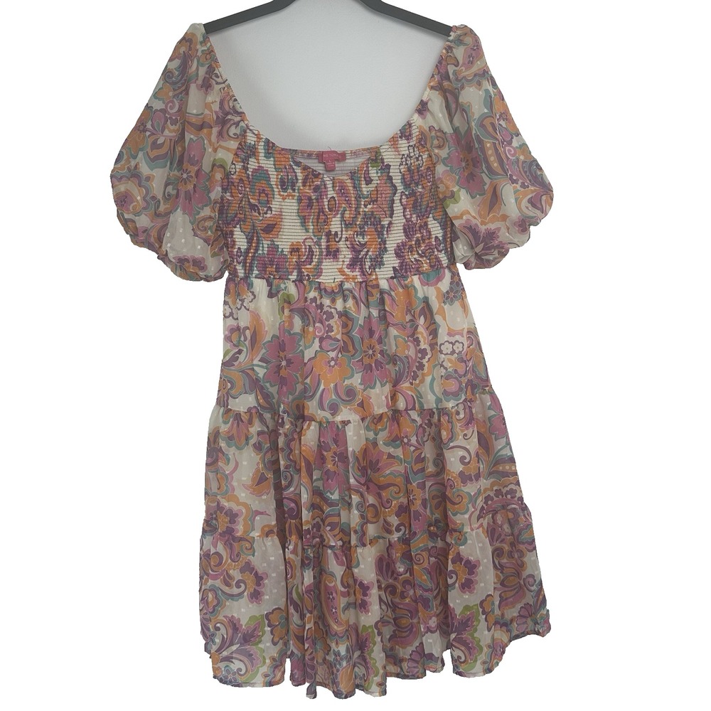 Flying Tomato Dress Size Large Paisley Floral‎ Tiered Smocked Sheer Boho